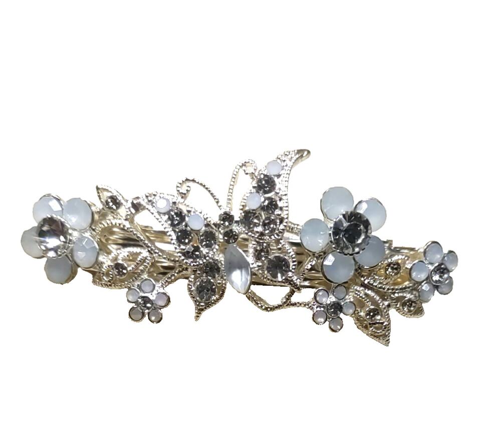 Hair Barrette Tension Clip Silver Tone Butterfly Rhinestone Flower
